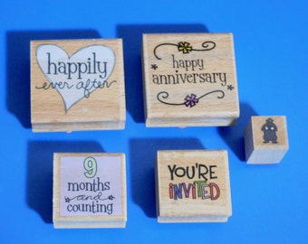 Wedding, Anniversary, Expecting Rubber Stamps Wood Mounted Set of 5