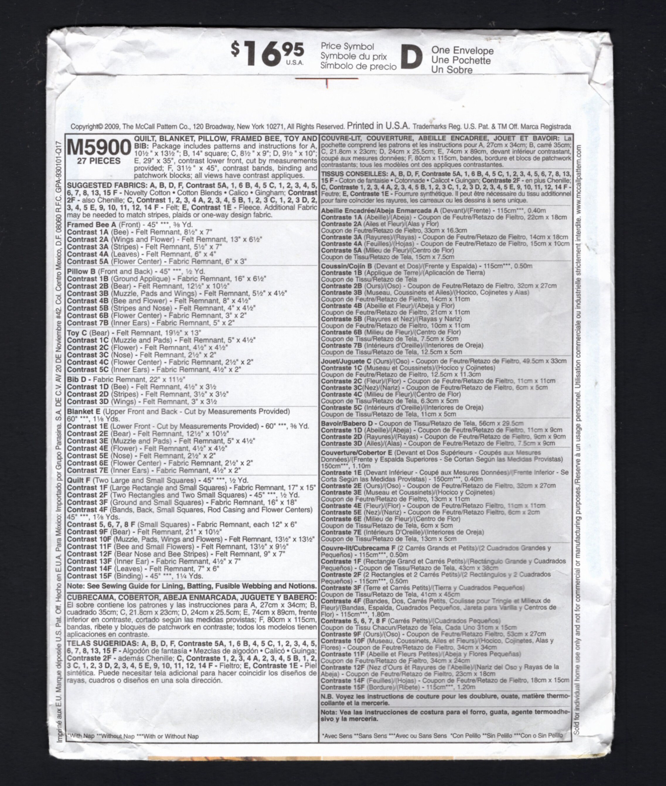 Quilt, Blanket, Pillow, Framed Bee, Toy Bear, Bib Mccalls Sewing