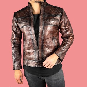 Green Alligator Embossed Leather Jacket, Men's Luxury Green Alligator Embossed Leather Jacket, Men's Luxury