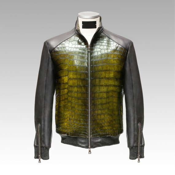 Green Alligator Embossed Leather Jacket, Men