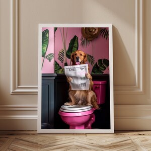 Golden Retriever on Toilet Wall Art, Funny Bathroom Decor Poster, Animal Printable Digital Painting, Exotic Maximalist Botanical Dog Reading