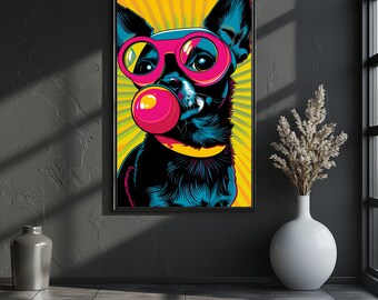 Dog Wall Art, Animal Decor Poster, Printable Pop Art, Digital Painting, Dog in Glasses, Bubblegum Dog Art, Chihuahua Portrait, Pet Poster
