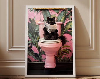 Gato negro en el arte de la pared del inodoro, cartel divertido de la decoración del baño, pintura digital imprimible de animales, retrato de gato de flor tropical maximalista exótico