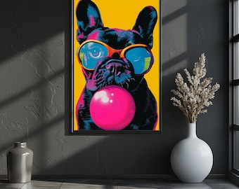 Dog Wall Art, Animal Decor Poster, Printable Pop Art, Digital Painting, French Bulldog in Glasses, Bubblegum Dog Art, Frenchie Portrait Art
