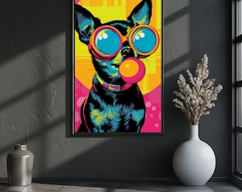 Dog Wall Art, Animal Decor Poster, Printable Pop Art, Digital Painting, Dog in Glasses, Bubblegum Dog Art, Chihuahua Portrait, Pet Poster