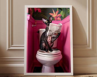 Sphynx Cat on Toilet Wall Art, Funny Bathroom Decor Poster, Animal ...
