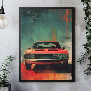 American Muscle Car, Abstract Ford GT Dodge Challenger Digital Poster, Classic Retro Vehicle Wall Decor Art, Vintage Canvas Motor Painting