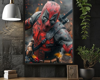 Arte de pared de superhéroes, decoración digital del hogar, póster de cómic imprimible, arte de fans de ficción, arte de decoración de villanos, pintura de acción digital, Deadpool