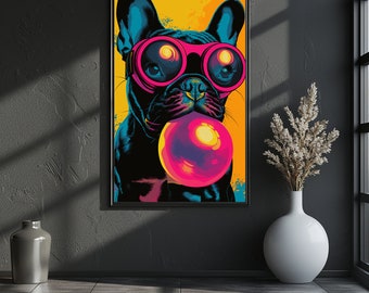 Dog Wall Art, Animal Decor Poster, Printable Pop Art, Digital Painting, French Bulldog in Glasses, Bubblegum Dog Art, Frenchie Portrait Art