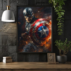 May include: A superhero in a blue and red costume with a red, white and blue shield, standing in front of a fiery background.