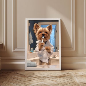 Yorkshire Terrier Yorkie perro cepillándose los dientes en bata, arte del inodoro de la bata de baño, decoración divertida del baño, retrato antropomórfico del baño