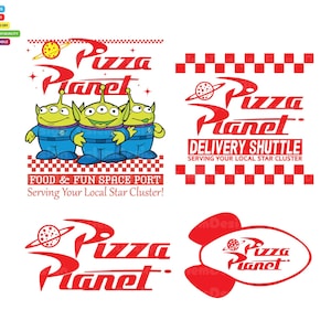 May include: A collection of Pizza Planet graphics. The designs feature the Pizza Planet logo in red, along with the phrase "Food & Fun Space Port" and the iconic green alien characters. The designs are on a white background.