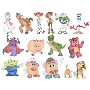 May include: Watercolor illustrations of characters from the animated film Toy Story. The image features characters such as Woody, Buzz Lightyear, Jessie, and others. The characters are depicted in their signature outfits and poses.