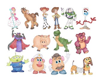 Cliparts de acuarela de Toy Story, Woody, Jessie, Buzz Lightyear, Rex, Forky, imprimible, adorno para tarta de cumpleaños