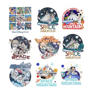 May include: A collection of colorful graphic designs featuring Disney characters in space suits and the text "Space Mountain" and "Walt Disney World". The designs include images of the Space Mountain ride and various Disney characters.