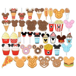 May include: A collection of cartoon food items, including ice cream cones, cupcakes, popcorn, and donuts, all designed with Mickey Mouse ears. The image features a variety of colors and shapes, perfect for themed parties or decorations.