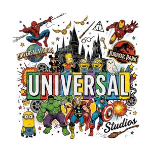 May include: A colorful graphic featuring characters from Universal Studios attractions. Spider-Man, Iron Man, the Hulk, and Minions are among the characters. The text "UNIVERSAL STUDIOS" is prominently displayed.