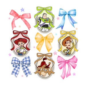 May include: Watercolor illustrations of bows and Toy Story characters. The bows are in various colors, including pink, blue, and yellow. The Toy Story characters are in oval frames with pearl borders. Stars are scattered around the images.