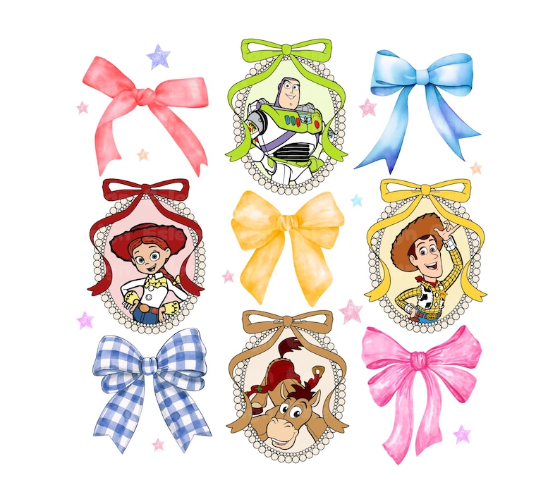 May include: Watercolor illustrations of bows and Toy Story characters. The bows are in various colors, including pink, blue, and yellow. The Toy Story characters are in oval frames with pearl borders. Stars are scattered around the images.