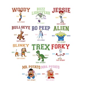 May include: A collection of cartoon character designs from the Toy Story franchise. Each character is depicted with their name in a collegiate-style font, along with the year of their introduction and the words "Toy Story".