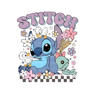 May include: A graphic illustration featuring the word "Stitch" in purple bubble letters. The image includes the character Stitch, white ducklings, flowers, and a green doll. The design is set against a white background with a checkered border.