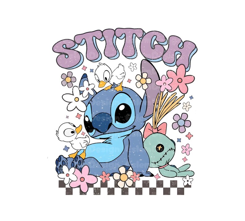 May include: A graphic illustration featuring the word "Stitch" in purple bubble letters. The image includes the character Stitch, white ducklings, flowers, and a green doll. The design is set against a white background with a checkered border.