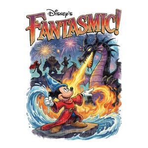 May include: A vibrant illustration showcasing Mickey Mouse as a sorcerer, confronting a fire-breathing dragon. The image includes the text "Disney's Fantasmic!" and other Disney characters such as Ariel and Beast.