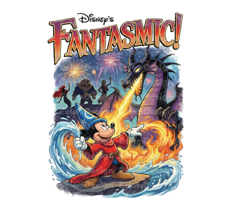 May include: A colorful illustration featuring Mickey Mouse in a sorcerer's outfit, facing a dragon breathing fire. The image includes the text "Disney's Fantasmic!" and other Disney characters like Ariel and Beast.