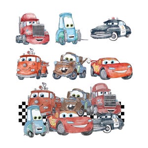 May include: Watercolor illustration of various cartoon cars, including a red semi-truck, a blue tow truck, a black police car, and a red race car. The cars have smiling faces and are set against a white background.