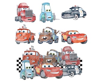 Paquete de imágenes prediseñadas de acuarela de Cars: PNG estilo McQueen (descarga digital, 300 DPI), acuarela de McQueen, paquete PNG de Cars McQueen en acuarela