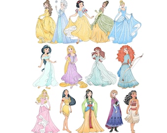 Paquete de imágenes prediseñadas de princesas en acuarela / Imágenes PNG de princesas lindas / Imágenes prediseñadas de castillo de cuento de hadas, corona y fiesta de princesas