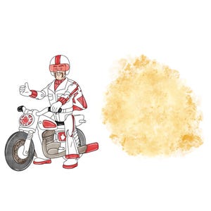 May include: Illustration of a person on a white and red motorcycle, giving a thumbs up. The motorcycle has a maple leaf emblem. The person is wearing a white and red racing suit and helmet. A yellow watercolor splash is to the right.