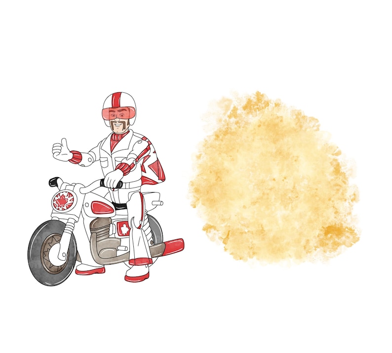 May include: Illustration of a person on a white and red motorcycle, giving a thumbs up. The motorcycle has a maple leaf emblem. The person is wearing a white and red racing suit and helmet. A yellow watercolor splash is to the right.