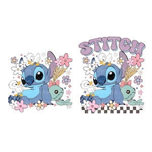 May include: A retro-style graphic featuring the character Stitch from Lilo & Stitch. Stitch is blue, surrounded by flowers, ducks, and a green doll. The word "STITCH" is written in a purple, bubble font.