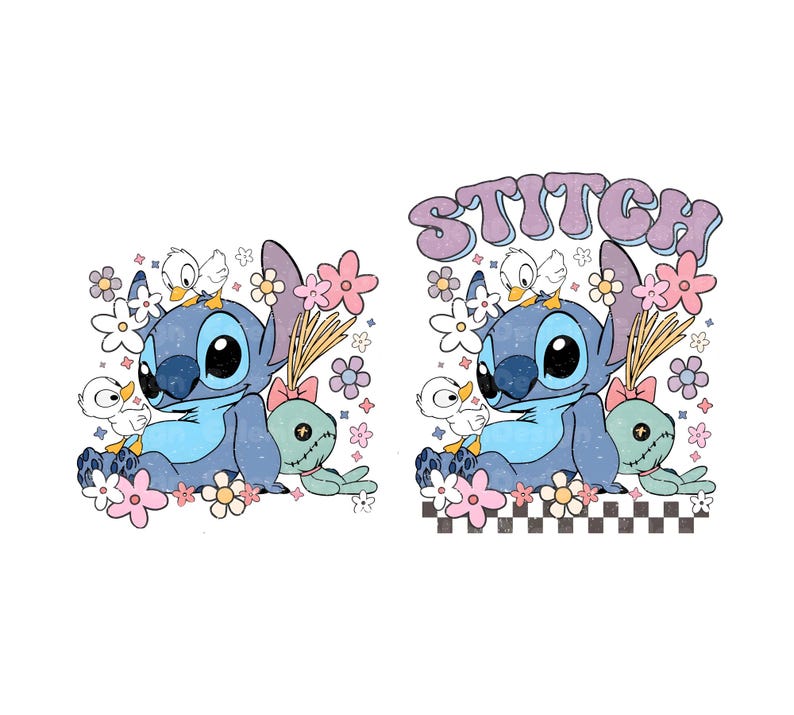 May include: A retro-style graphic featuring the character Stitch from Lilo & Stitch. Stitch is blue, surrounded by flowers, ducks, and a green doll. The word "STITCH" is written in a purple, bubble font.