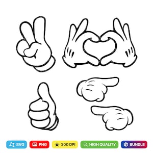 May include: Black and white cartoon hand gestures, including a peace sign, heart shape, thumbs up, and pointing hands. The hands have black outlines and white gloves. The image is a bundle of high-quality graphics.