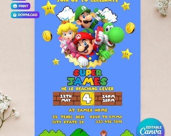 Invitación editable de Mario Bros., invitación de cumpleaños de Super Mario, invitaciones imprimibles para fiestas de cumpleaños, plantilla digital para invitación de cumpleaños