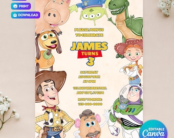 Plantilla de invitación de cumpleaños de Toy Story: Diseño editable en Canva (descarga digital, 13x18 cm)