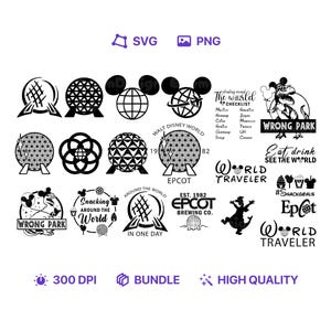 May include: Black and white digital art featuring various Disney World-themed logos and icons. Includes images of the Epcot ball, Mickey Mouse, and text such as "Wrong Park" and "World Traveler". The image also includes the words "SVG", "PNG", "Bundle", and "High Quality".