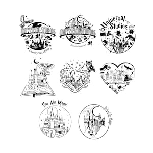 May include: A collection of black and white Universal Studios themed logos. The logos feature castles, owls, and other magical elements. Some logos include text such as "Family Vacation" and "You Are Magic".