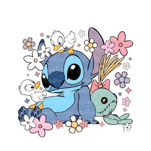 May include: A blue cartoon character with large black eyes, surrounded by flowers and two white ducklings. A green doll with a pink bow is also present. The design has a distressed, vintage look, with a white background.