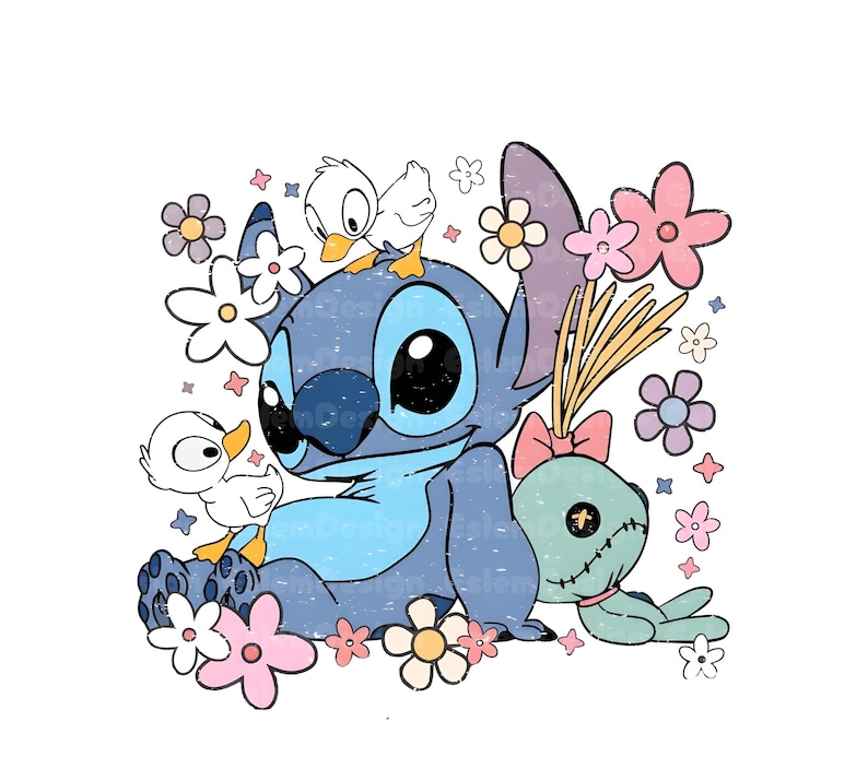 May include: A blue cartoon character with large black eyes, surrounded by flowers and two white ducklings. A green doll with a pink bow is also present. The design has a distressed, vintage look, with a white background.