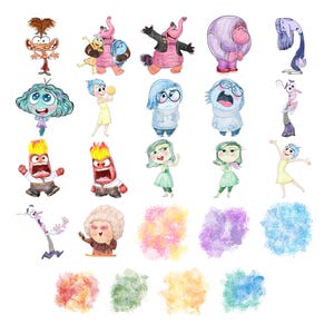 May include: Watercolor illustrations of characters from the animated movie Inside Out. The characters are depicted with various expressions and poses, showcasing emotions like joy, sadness, anger, and fear. Colorful abstract paint splotches are also included.