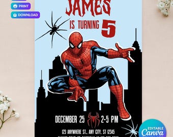 Invitación de cumpleaños de Spider-Man: plantilla editable e imprimible, divertida invitación para fiesta de Spider-Man, fácil de editar en Canva, descarga instantánea.