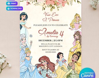 Invitación de cumpleaños de princesa, invitación de cumpleaños para niñas, fiesta temática de princesa, invitación de princesa, plantilla de Canva de princesa, digital instantánea