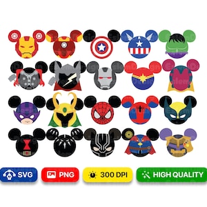 May include: A collection of colorful superhero-themed character designs in a Mickey Mouse ear style. The designs include Iron Man, Captain America, Spider-Man, and more. The image also includes the text "SVG", "PNG", "300 DPI", and "HIGH QUALITY".