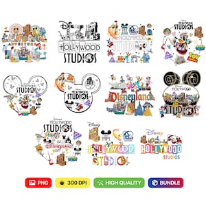 May include: A collection of Disney-themed designs featuring various park logos and characters. The designs include the words "California Adventure", "Hollywood Studios", and "Disneyland". The image also includes PNG, 300 DPI, High Quality, and Bundle labels.