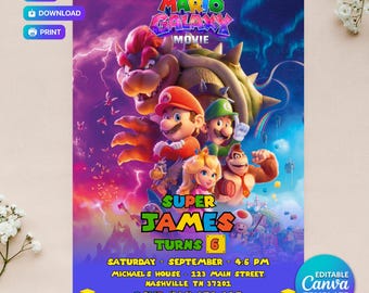 Invitation d'anniversaire de Mario Galaxy, modèle de toile numérique modifiable pour fête de l'espace, téléchargement immédiat, modèle de toile (5 x 7 po.)