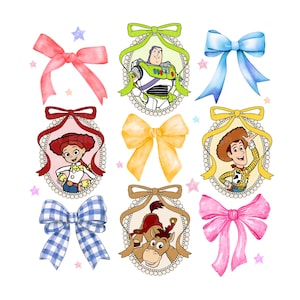 May include: Watercolor illustrations of bows and Toy Story characters. The image features a variety of bows in pink, blue, and yellow, along with portraits of Buzz Lightyear, Jessie, Woody, and Bullseye, all framed with decorative borders.