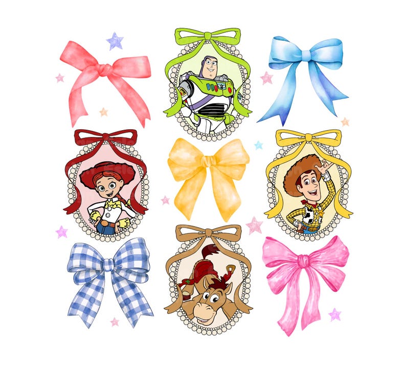 May include: Watercolor illustrations of bows and Toy Story characters. The image features a variety of bows in pink, blue, and yellow, along with portraits of Buzz Lightyear, Jessie, Woody, and Bullseye, all framed with decorative borders.